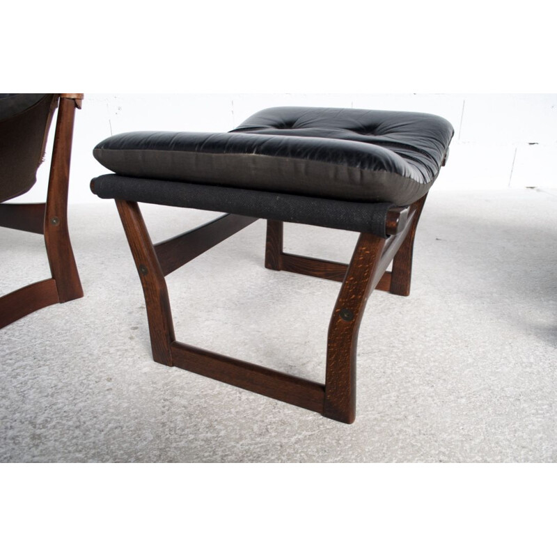 Pair of vintage armchairs for Westnofa in black leather and rosewood 1970