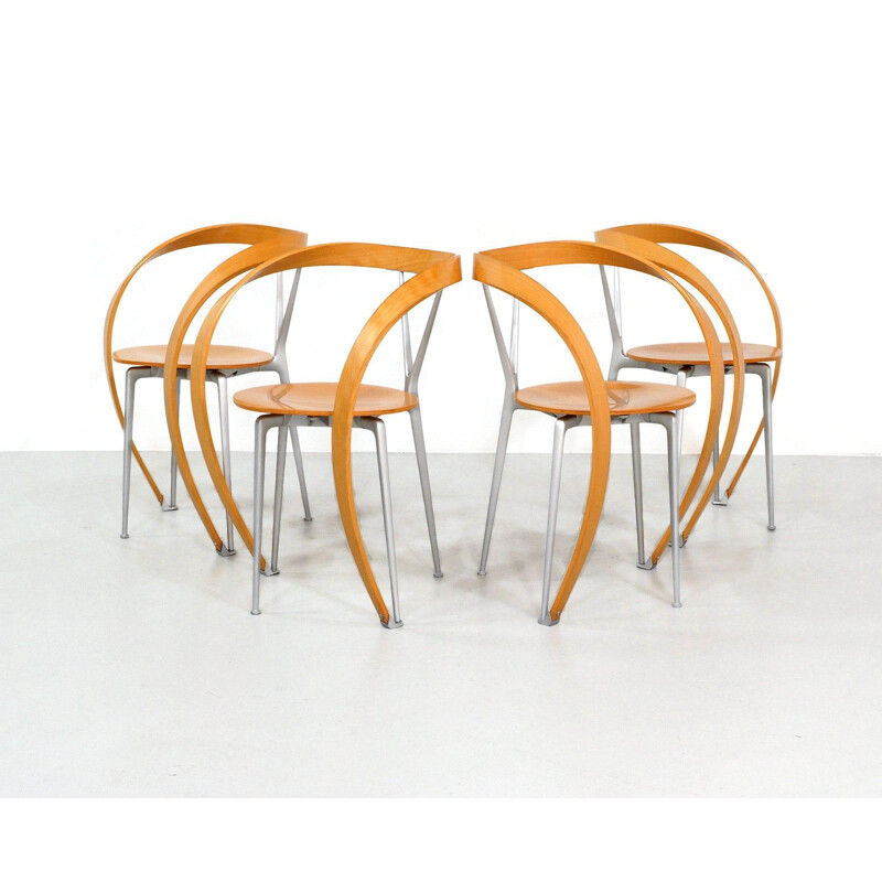 Set of 4 vintage Revers chairs for Cassina in beechwood and aluminium 1990