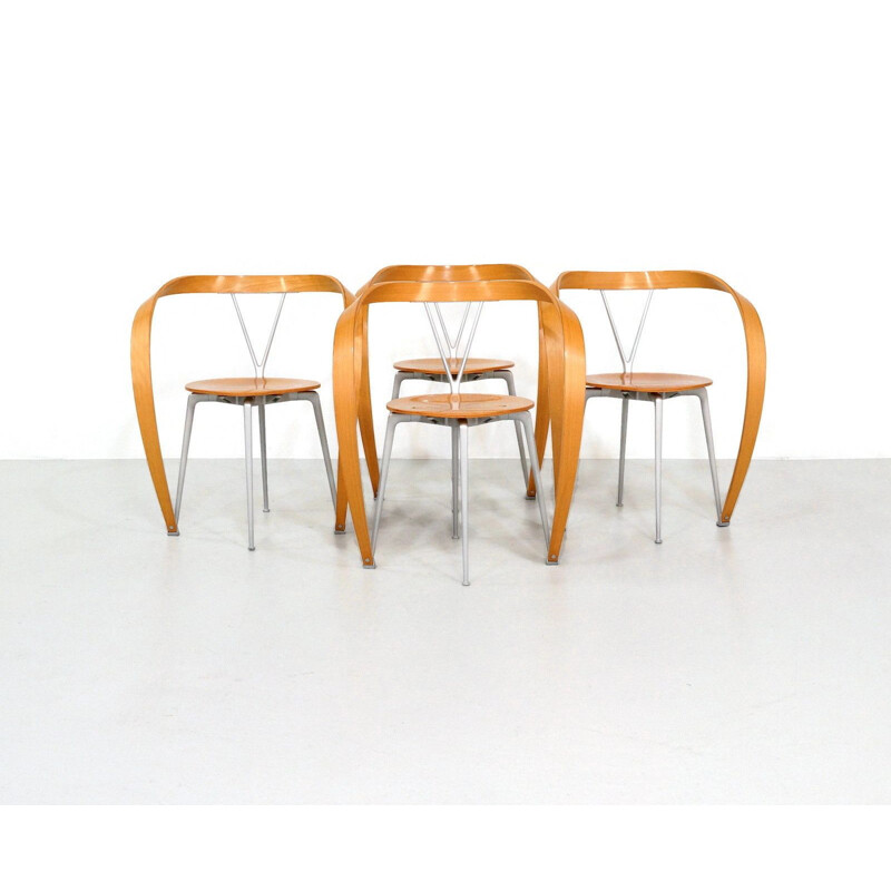 Set of 4 vintage Revers chairs for Cassina in beechwood and aluminium 1990