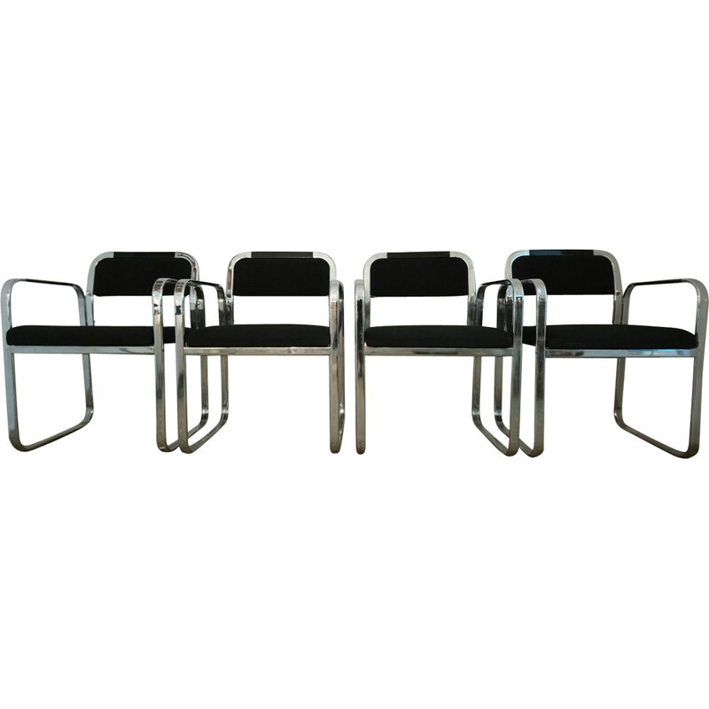 Set of 4 vintage italian armchairs in chrome and black fabric 1980