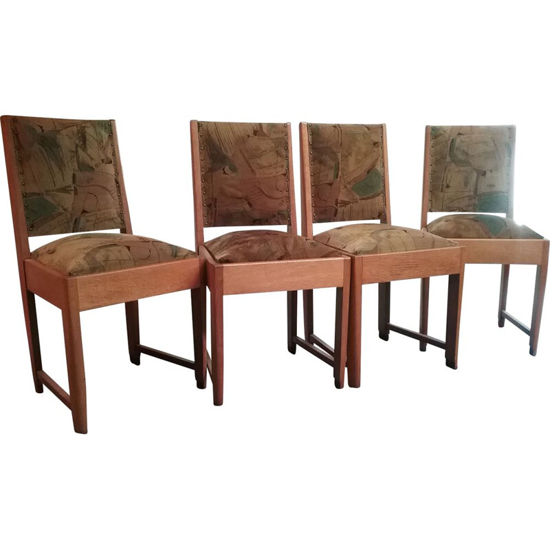 Set of 4 vintage chairs in blond oakwood and brown velvet