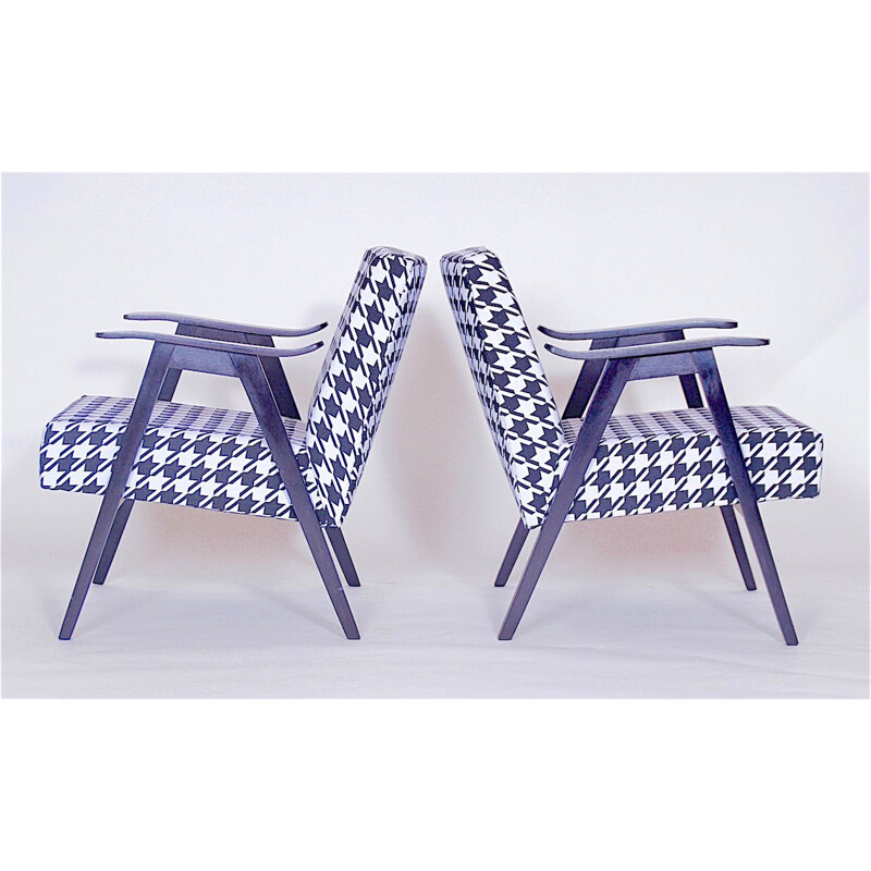 Paar Vintage-Sessel aus schwarz-weißem Stoff und Holz 1980