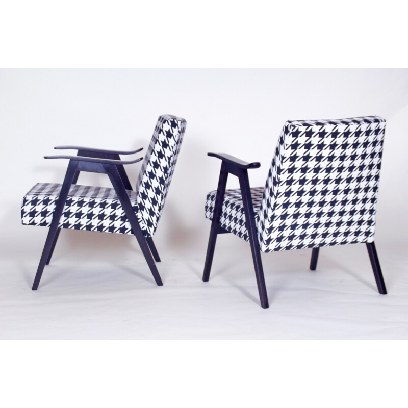 Paar vintage fauteuils in zwart-witte stof en hout 1980