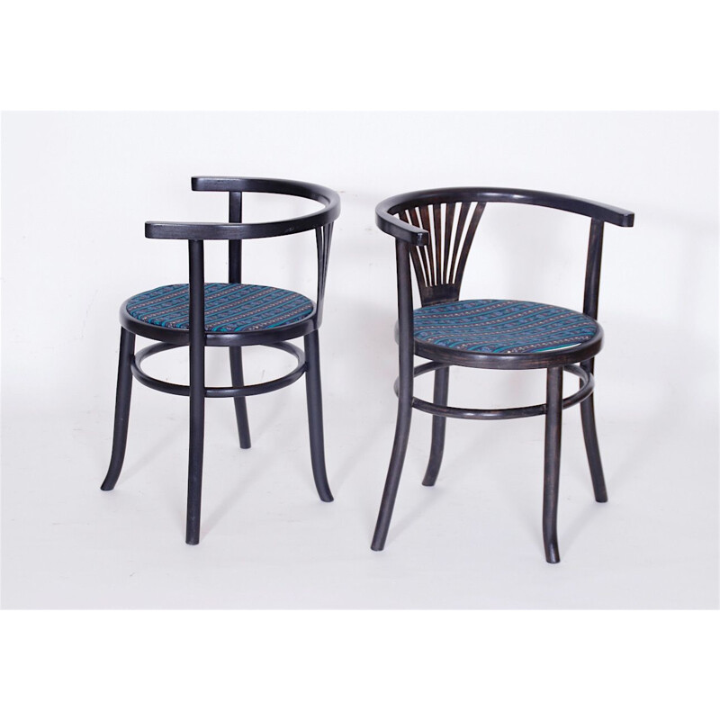 Set of 2 vintage chairs for Thonet Mundus in blue fabric and wood