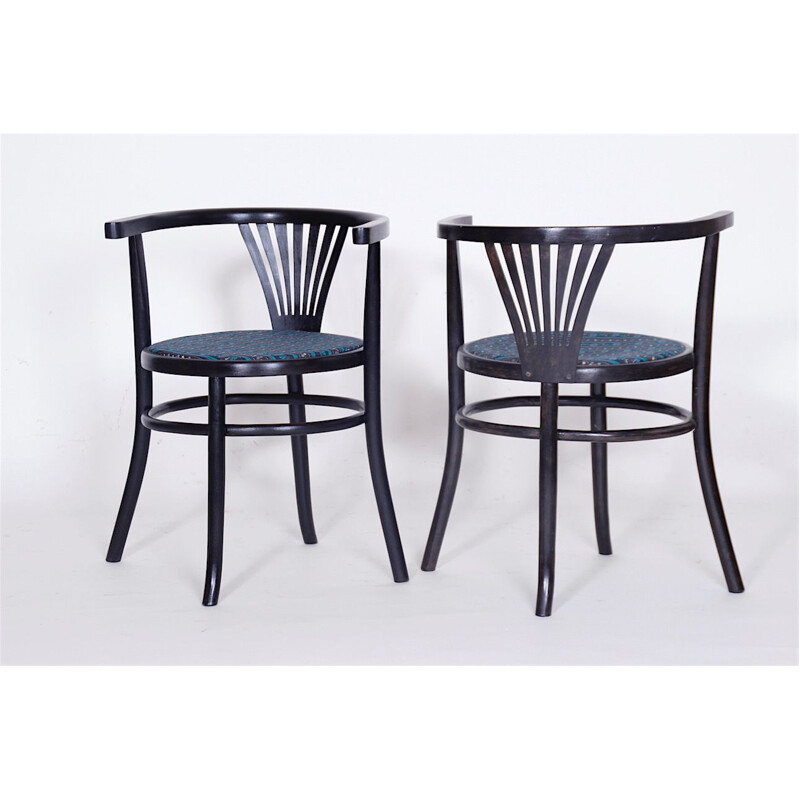 Ensemble de 2 chaises vintage pour Thonet Mundus en tissu bleu et bois