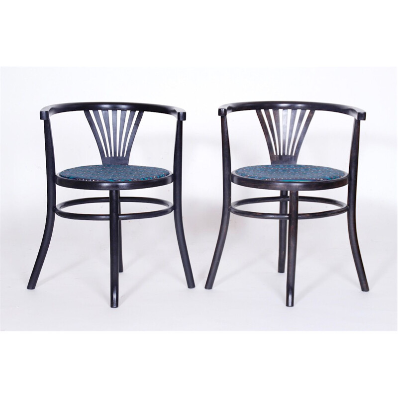 Set of 2 vintage chairs for Thonet Mundus in blue fabric and wood