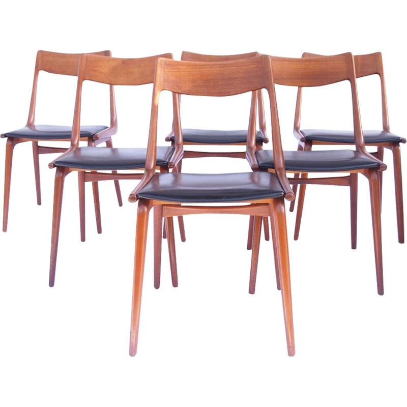 Set of 6 vintage chairs for Slagelse in teak and black leather 1950