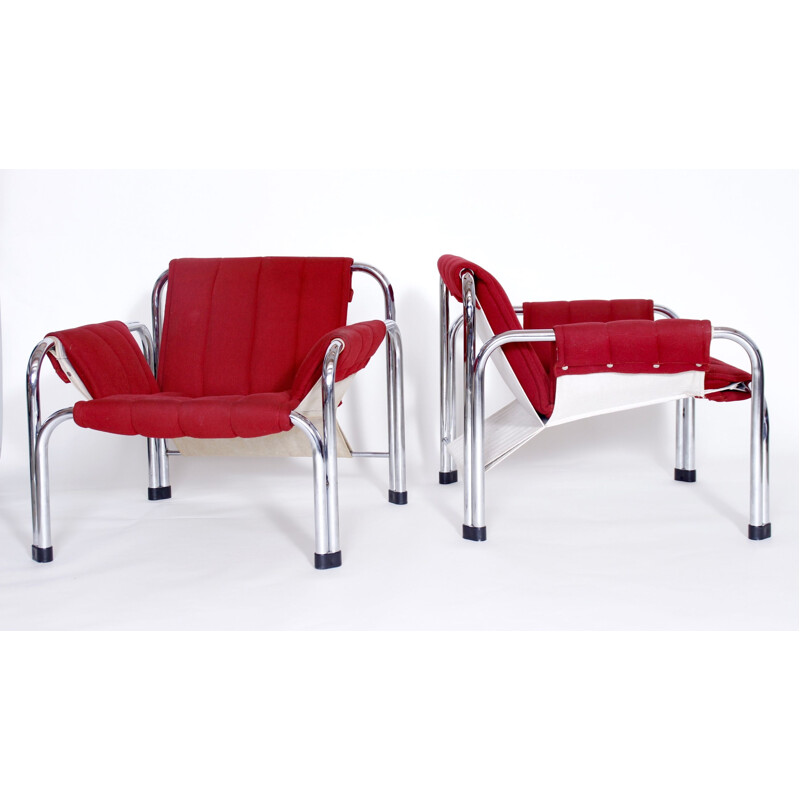 Vintage-Sesselpaar für Kodreta Myjava aus rotem Stoff und Metall 1980
