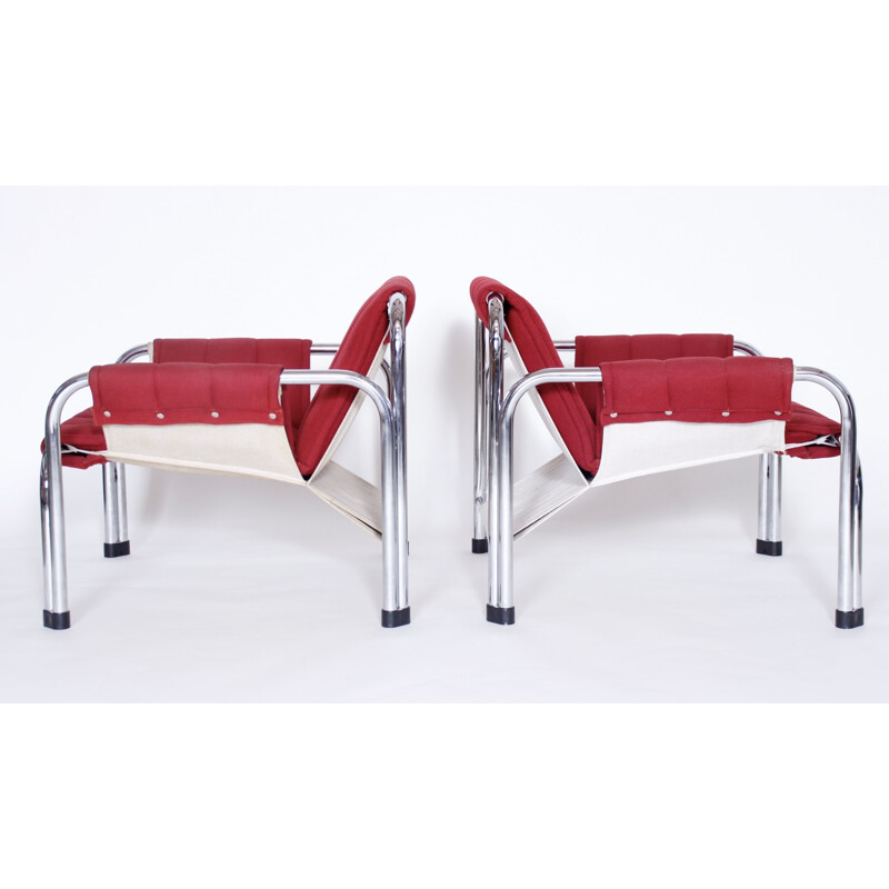Vintage-Sesselpaar für Kodreta Myjava aus rotem Stoff und Metall 1980