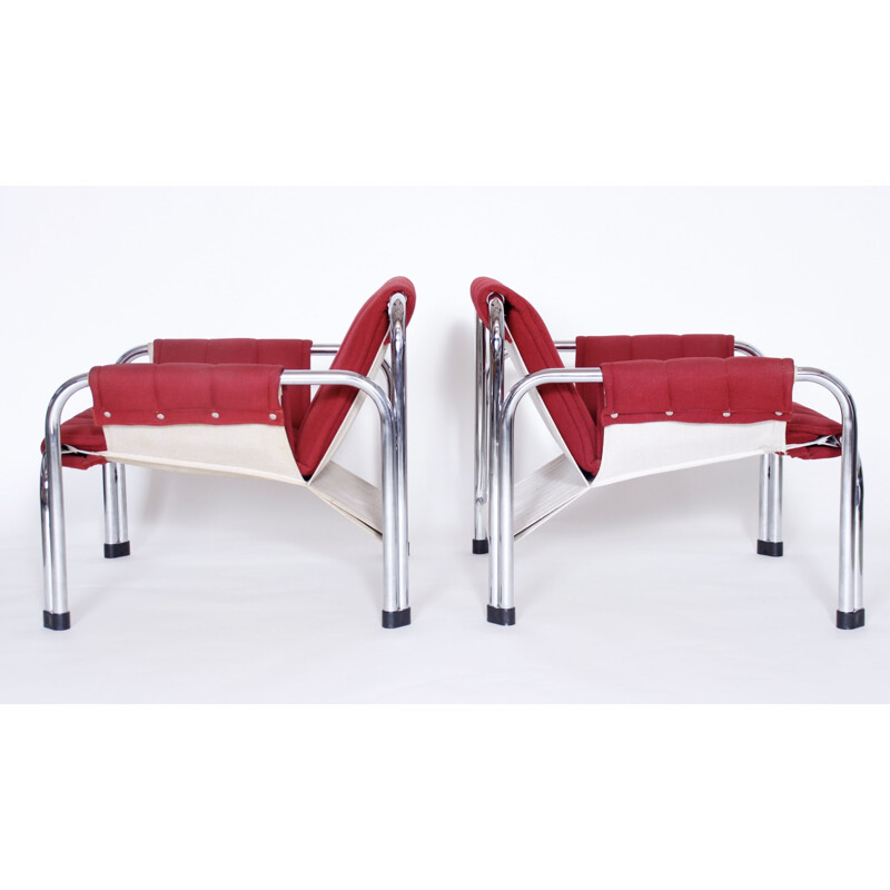 Pair of vintage chrome armchairs for Kodreta Myjava in red fabric and metal 1980