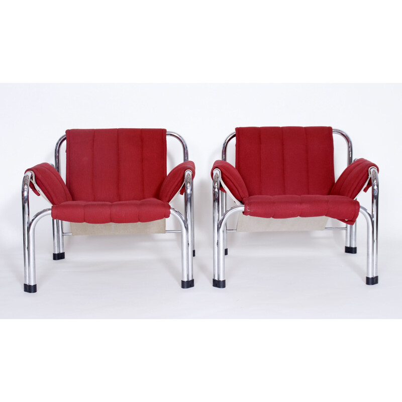 Pair of vintage chrome armchairs for Kodreta Myjava in red fabric and metal 1980