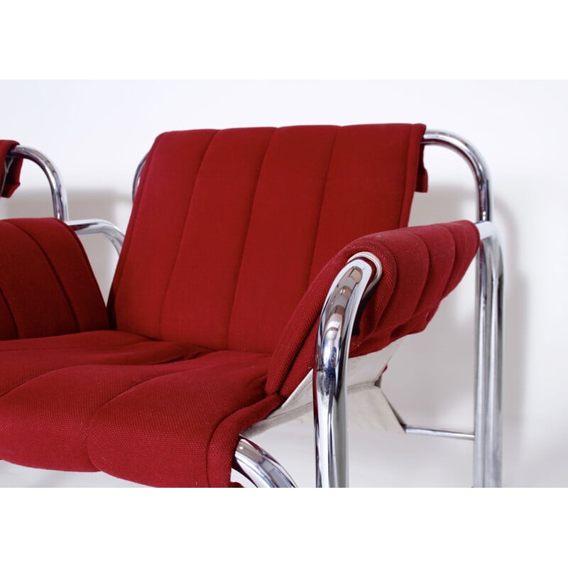 Pair of vintage chrome armchairs for Kodreta Myjava in red fabric and metal 1980