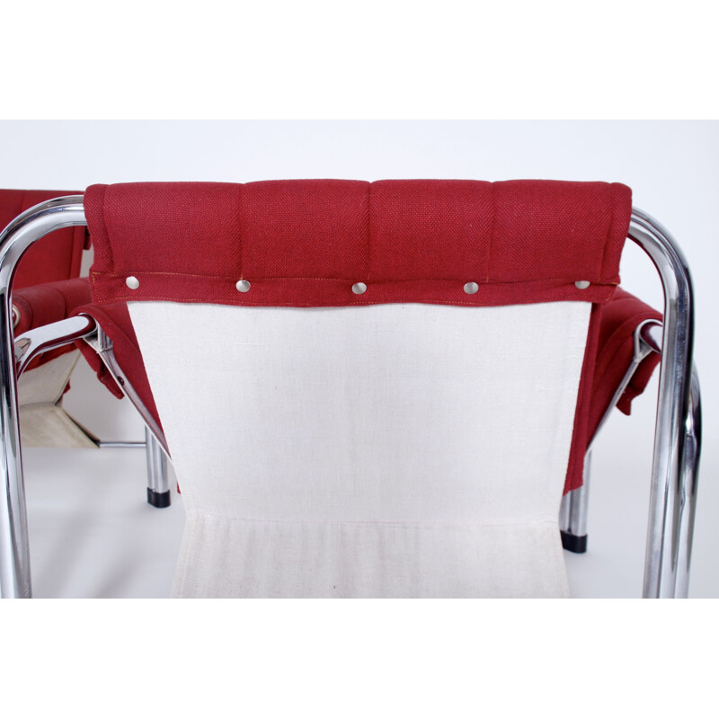 Pair of vintage chrome armchairs for Kodreta Myjava in red fabric and metal 1980