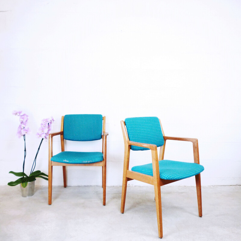 Pair of vintage chairs in blue fabric and wood 1960