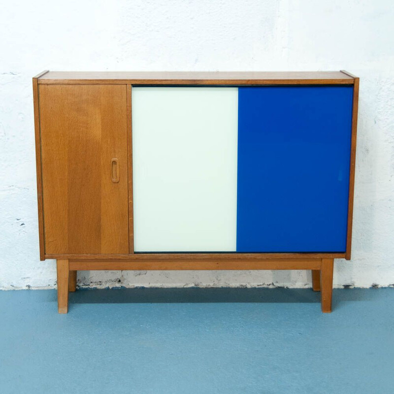 French vintage blue and white sideboard in oakwood 1960