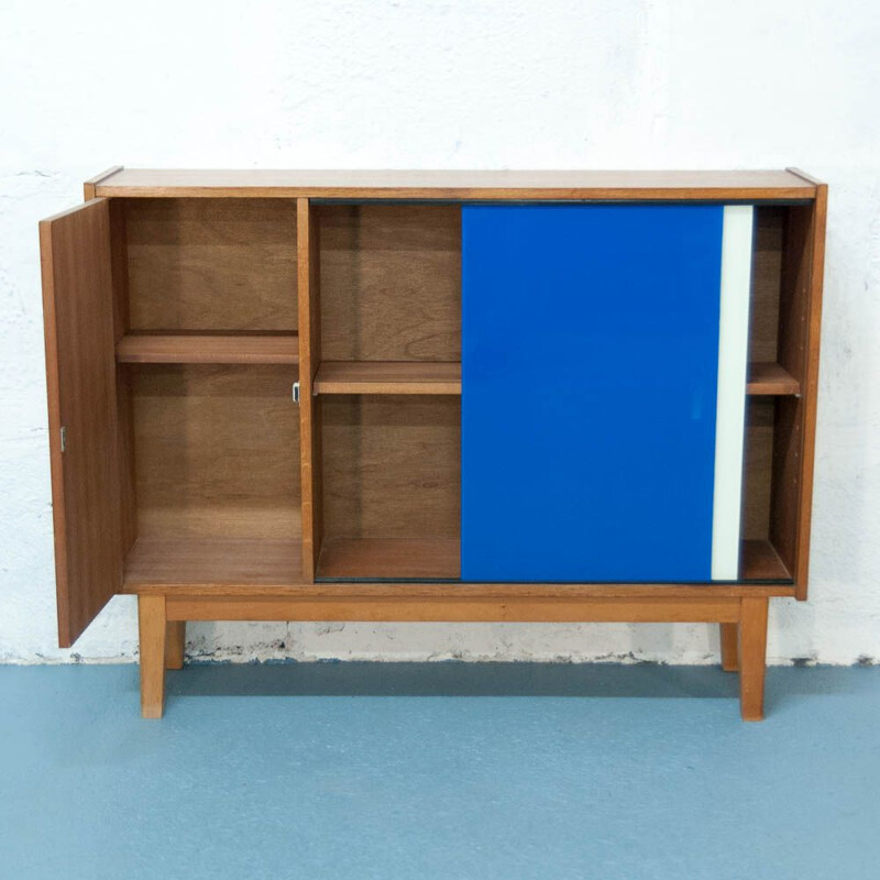 French vintage blue and white sideboard in oakwood 1960
