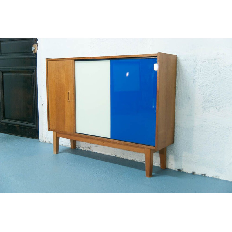 French vintage blue and white sideboard in oakwood 1960