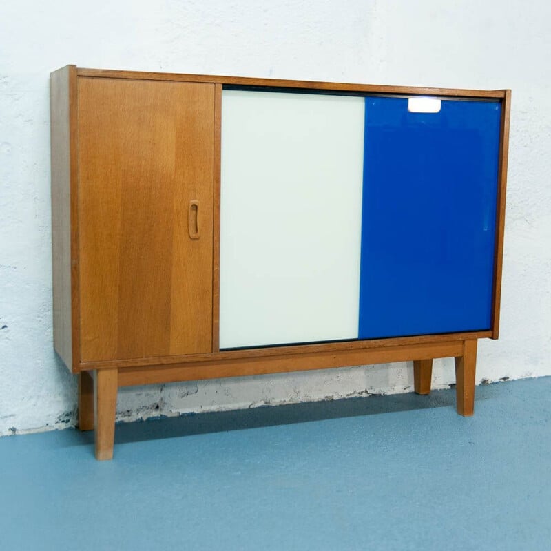 French vintage blue and white sideboard in oakwood 1960