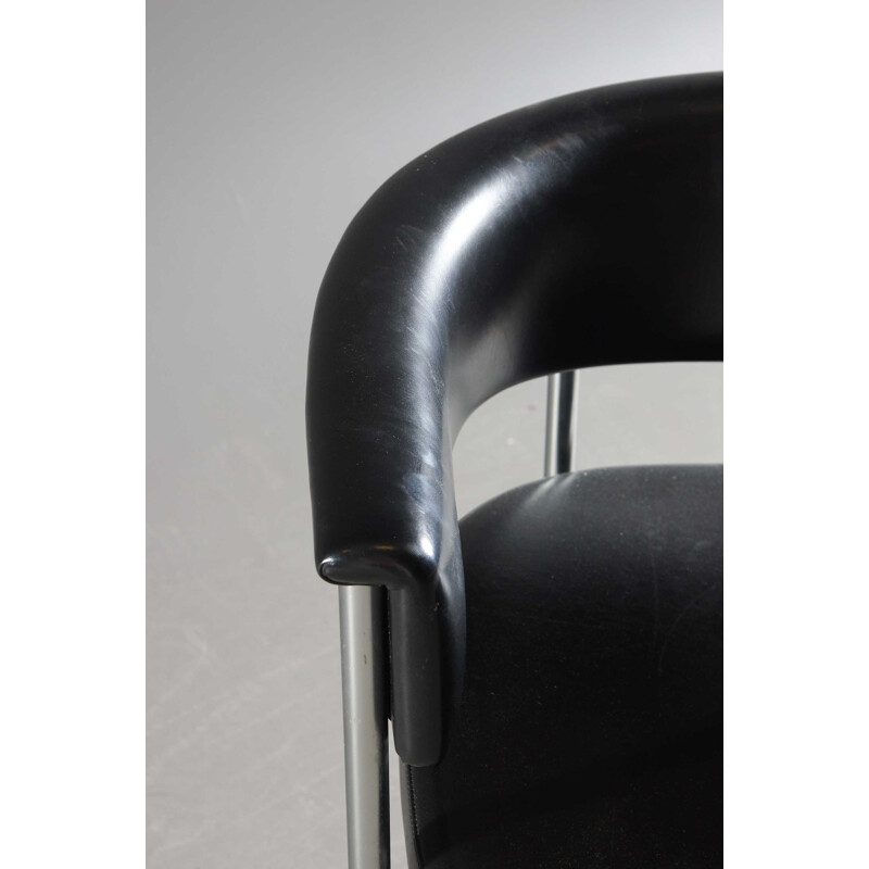 Scandinavian black leather and steel armchair - 1970s