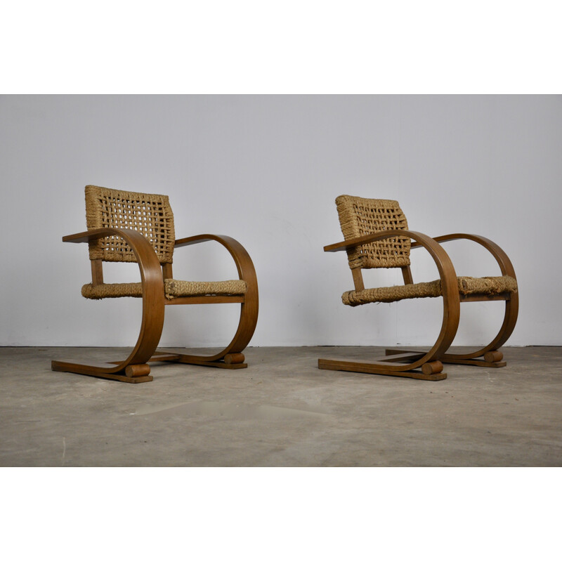 Pair of vintage french chairs by Vibo Vesoul in rope 1940