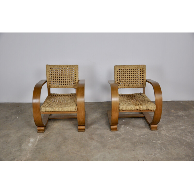 Pair of vintage french chairs by Vibo Vesoul in rope 1940