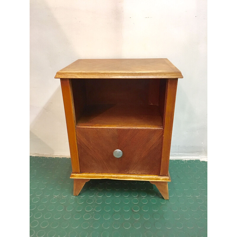 Vintage french bedside table in wood and aluminium 1960