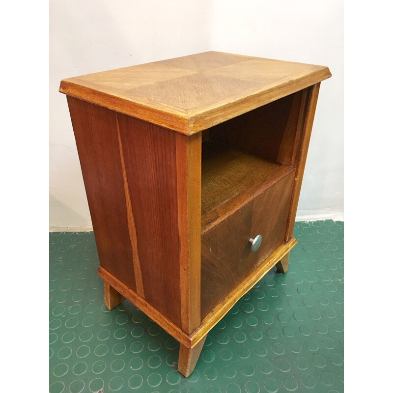 Vintage french bedside table in wood and aluminium 1960