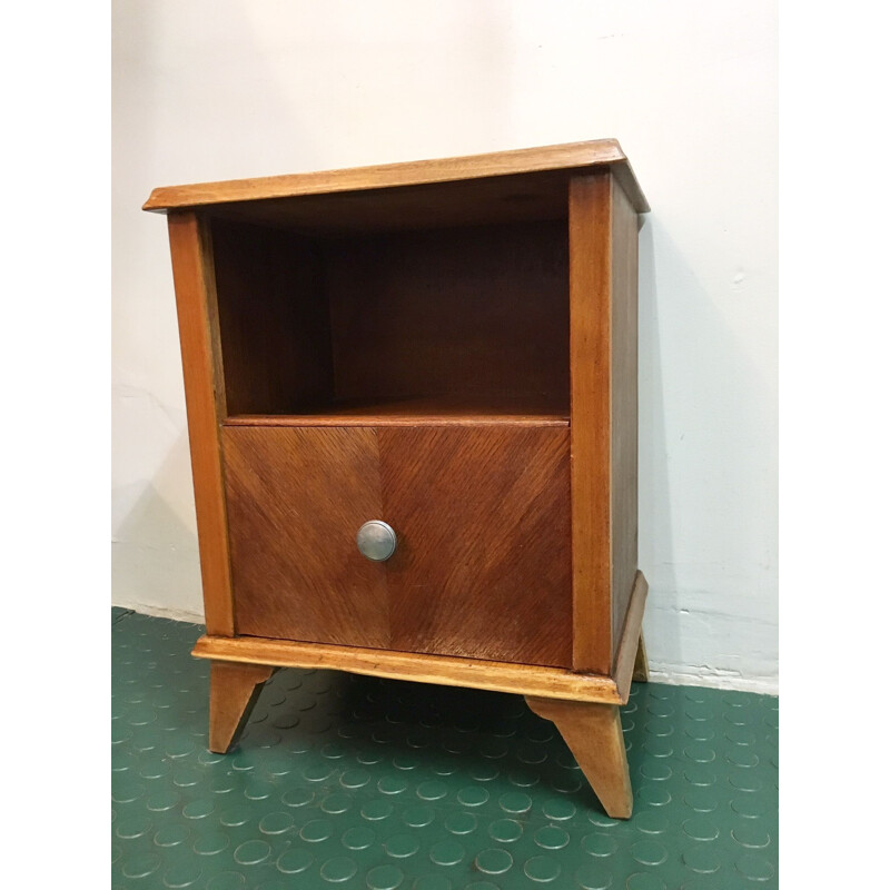 Vintage french bedside table in wood and aluminium 1960