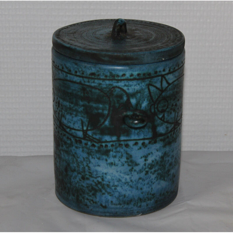 French vintage pot by Jacques Blin in blue ceramic 1950