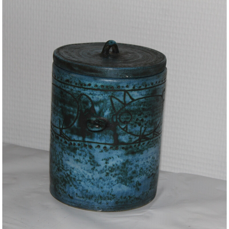 French vintage pot by Jacques Blin in blue ceramic 1950