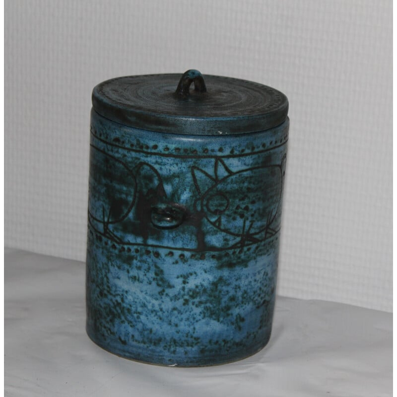 Pot vintage français de Jacques Blin en céramique bleue 1950