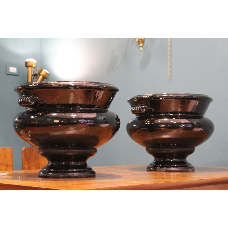 Black lacquered Terracotta Vintage  Vases 1970s