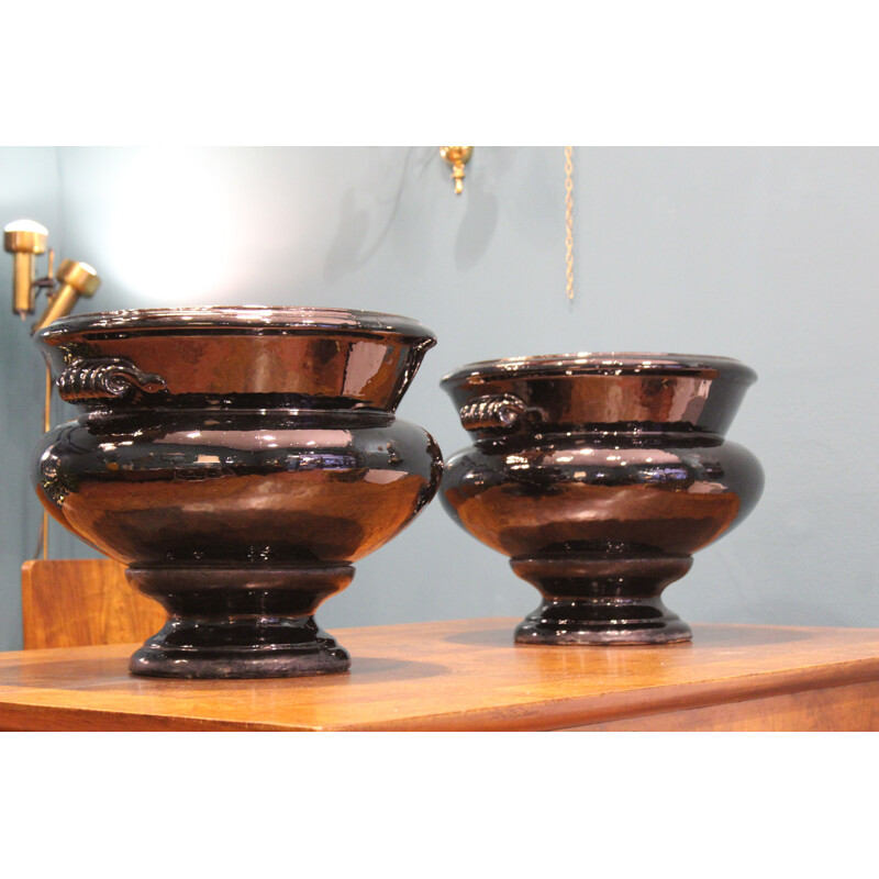 Black lacquered Terracotta Vintage  Vases 1970s