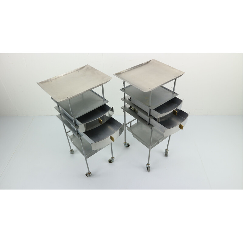 Vintage set of 2 Industrial trolleys stainless steel  side tables 1950s