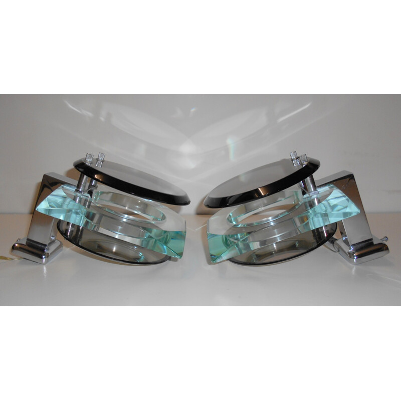 Pair of glass and chromed steel wall lights - 1960s