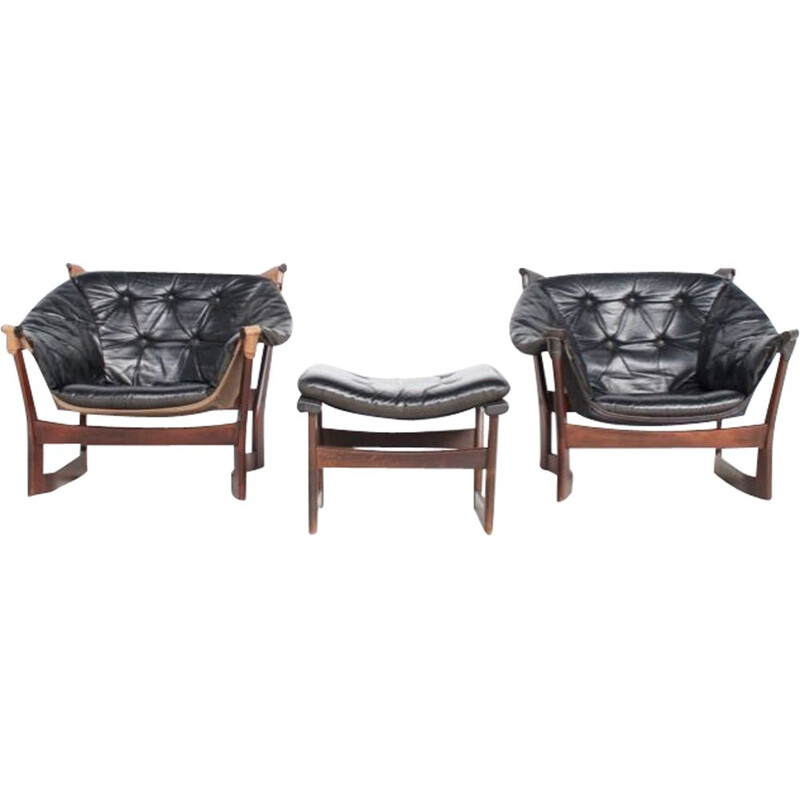 Pair of vintage armchairs for Westnofa in black leather and rosewood 1970