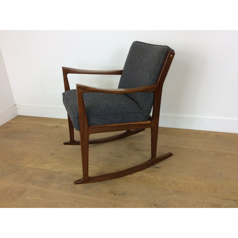 Vintage Danish rosewood rocking chair with grey fabric