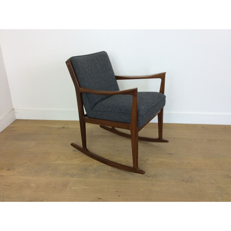 Vintage Danish rosewood rocking chair with grey fabric