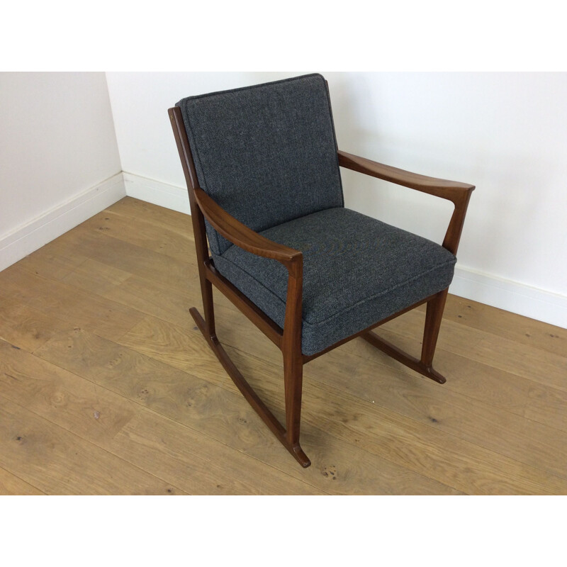 Vintage Danish rosewood rocking chair with grey fabric