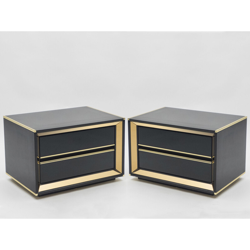 Pair of lacquered bedside tables with brass mirror, Italy 1970