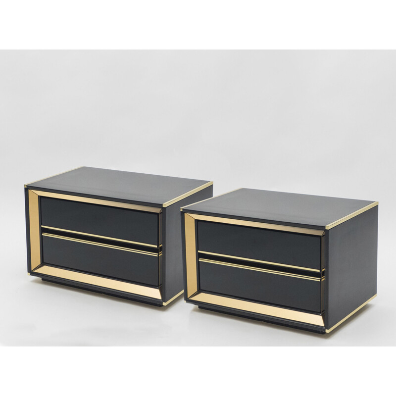 Pair of lacquered bedside tables with brass mirror, Italy 1970