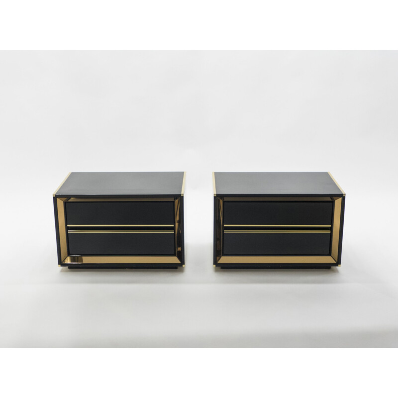 Pair of lacquered bedside tables with brass mirror, Italy 1970