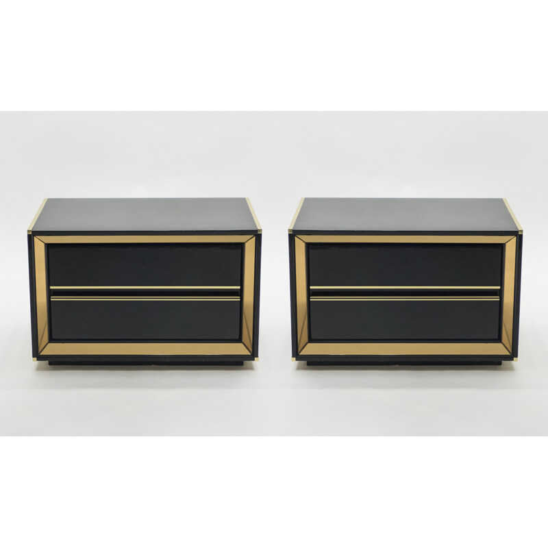 Pair of lacquered bedside tables with brass mirror, Italy 1970