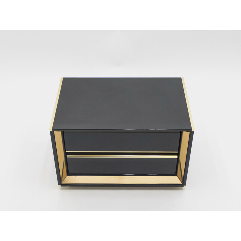 Pair of lacquered bedside tables with brass mirror, Italy 1970