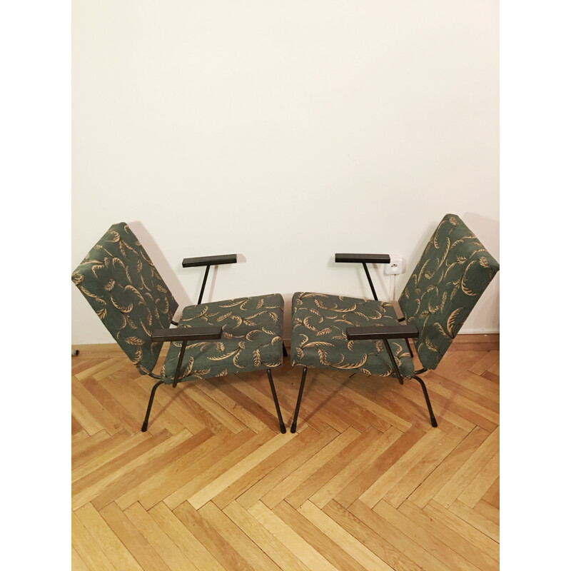 Pair of vintage 415 1401 armchairs for Gispan in steel and green fabric 1950