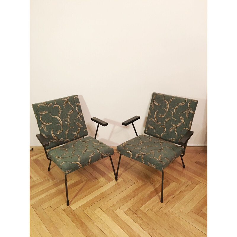 Pair of vintage 415 1401 armchairs for Gispan in steel and green fabric 1950