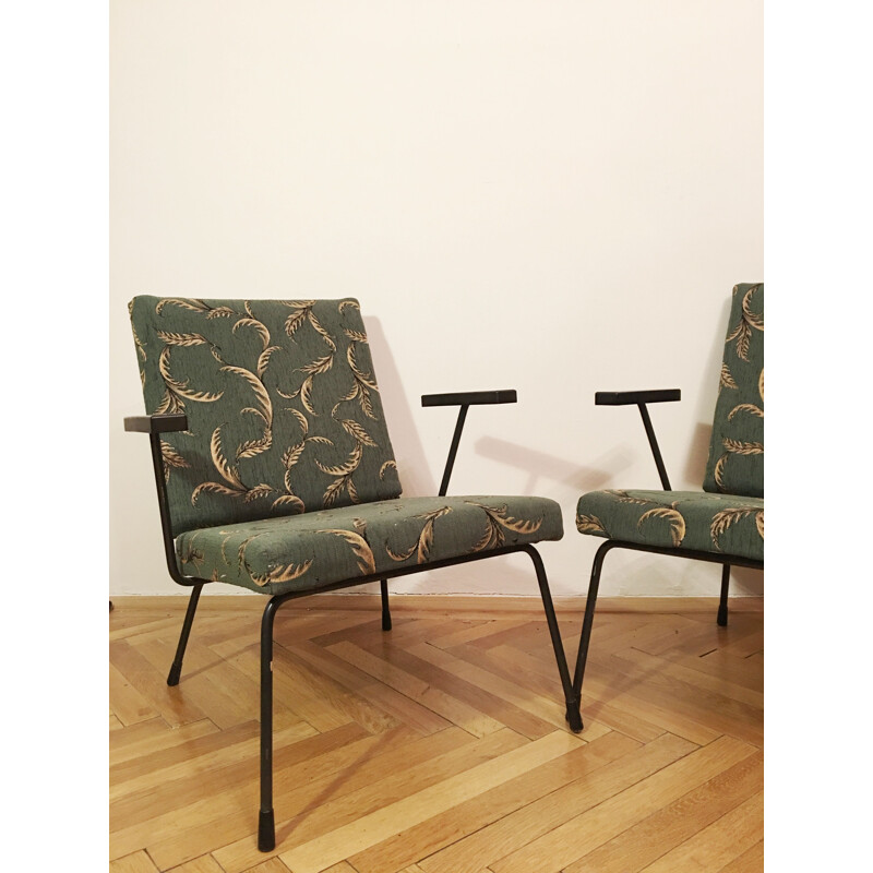 Pair of vintage 415 1401 armchairs for Gispan in steel and green fabric 1950