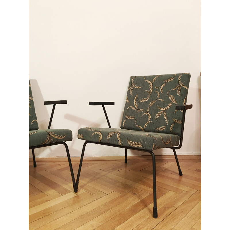 Pair of vintage 415 1401 armchairs for Gispan in steel and green fabric 1950