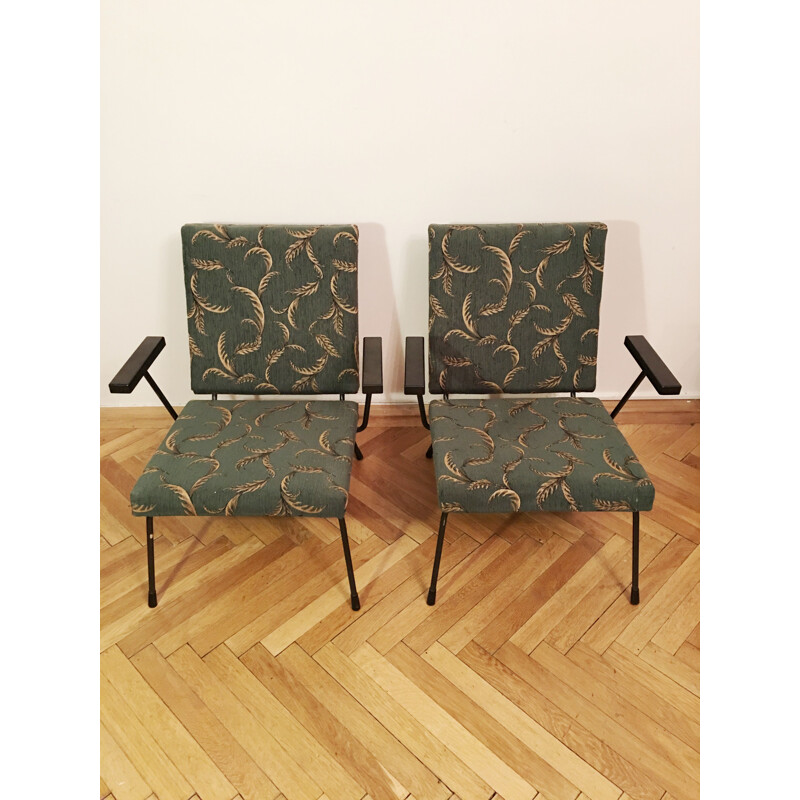 Pair of vintage 415 1401 armchairs for Gispan in steel and green fabric 1950