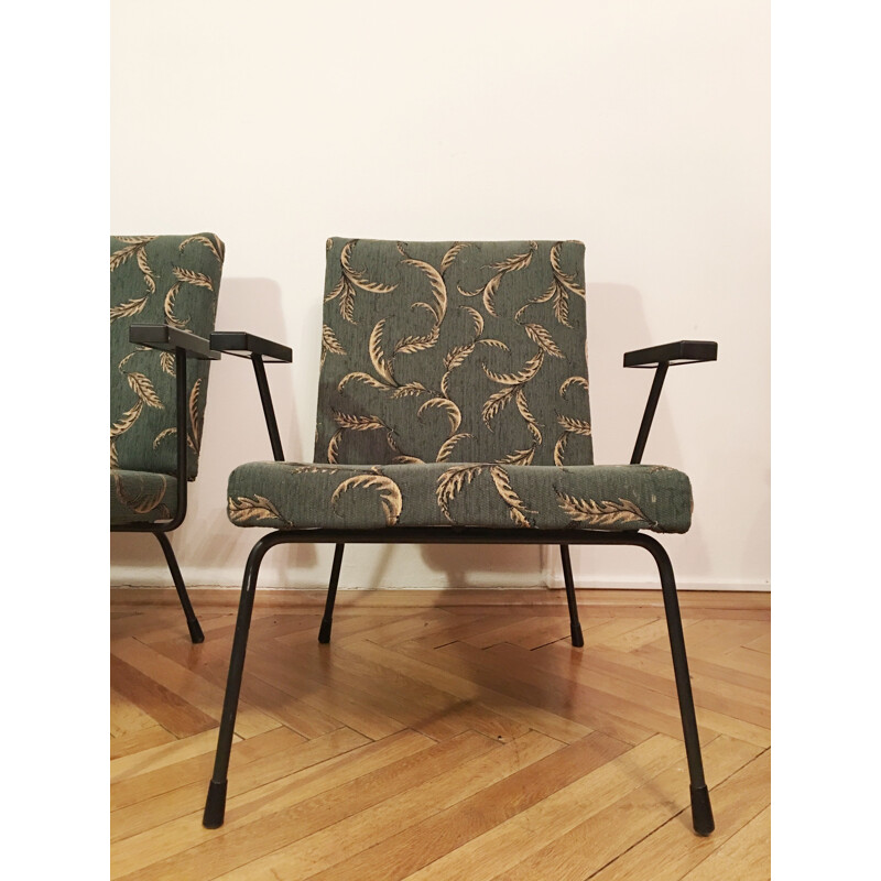 Pair of vintage 415 1401 armchairs for Gispan in steel and green fabric 1950